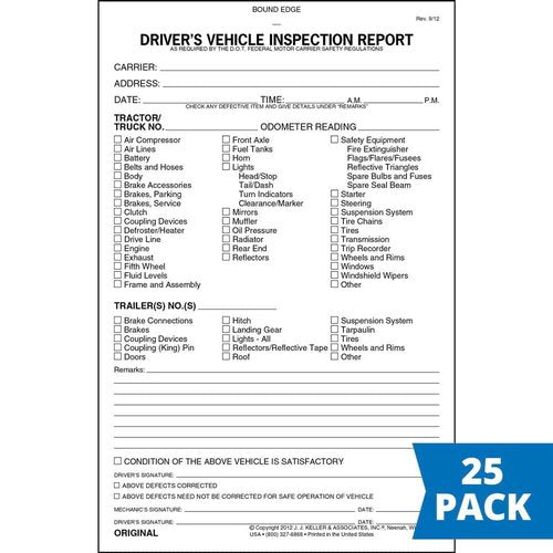 Detailed Driver's Vehicle Inspection Report 50-pk. - Book Format with 31 Sets, 2-Ply with Carbon, 5.5" x 8.5", Meet FMCSR Requirements, J. J. Keller & Associates, Inc.