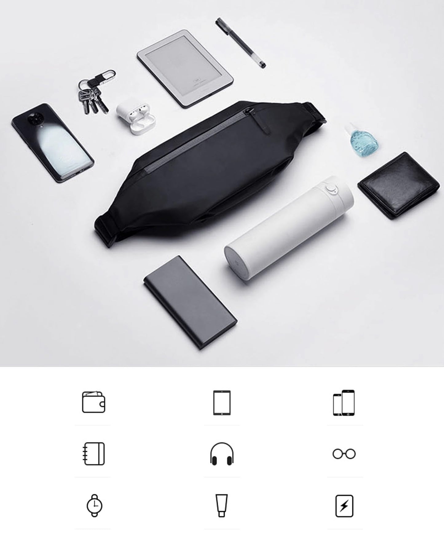 Fanny Pack for Men & Women | Adjustable Waist Bag (28-63 Inch Belt) – Large Waterproof Belt Bag for Hiking, Running, Travel, Gym | Phone Pouch with Zipper Pocket (Black)