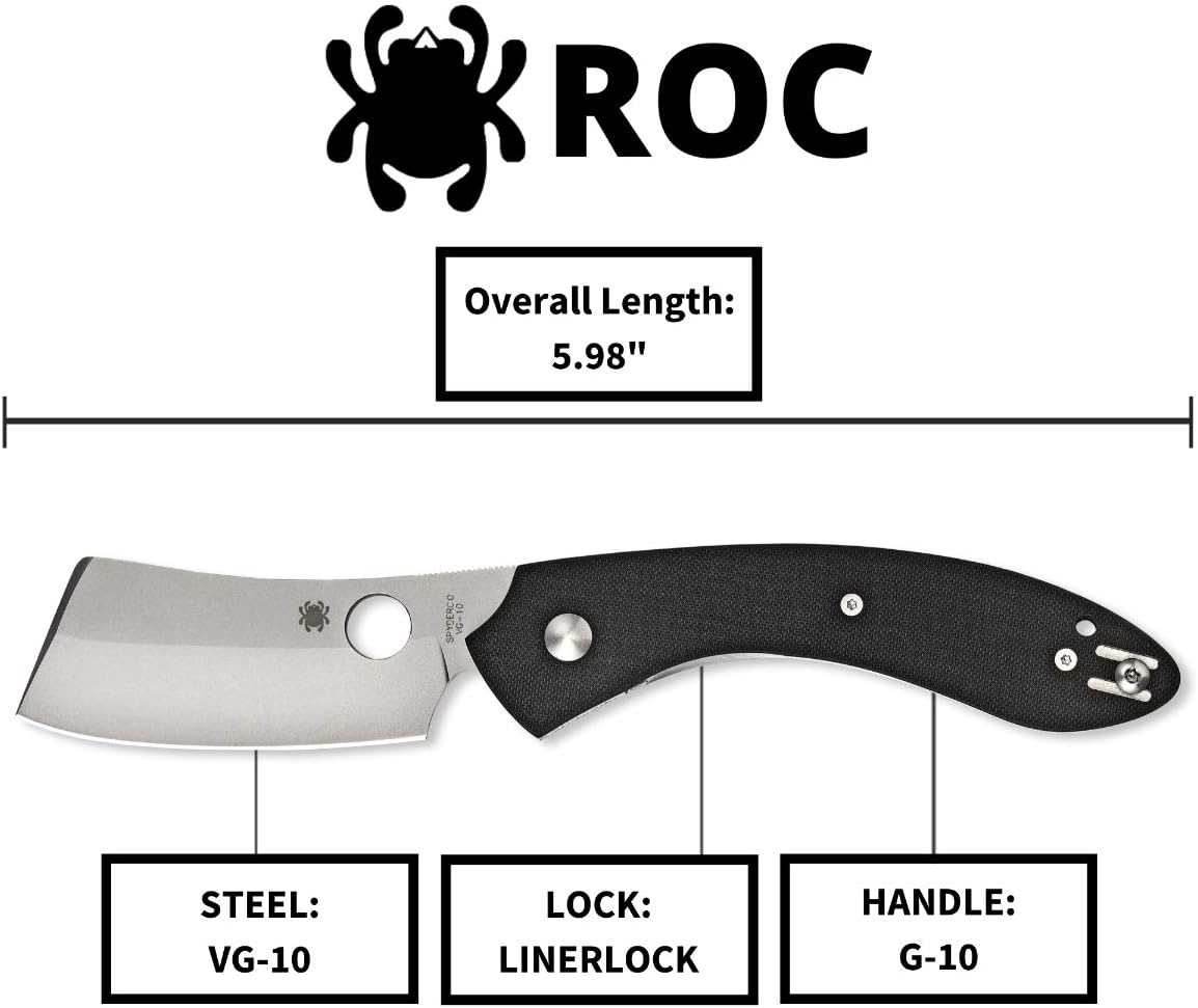 Spyderco Roc EDC Folding Utility Knife - 3.1" VG-10 Cleaver Blade for Versatile Cutting, Ergonomic Black G-10 Handle, LinerLock, Reversible Deep-Pocket Wire Clip, PlainEdge - C177GP