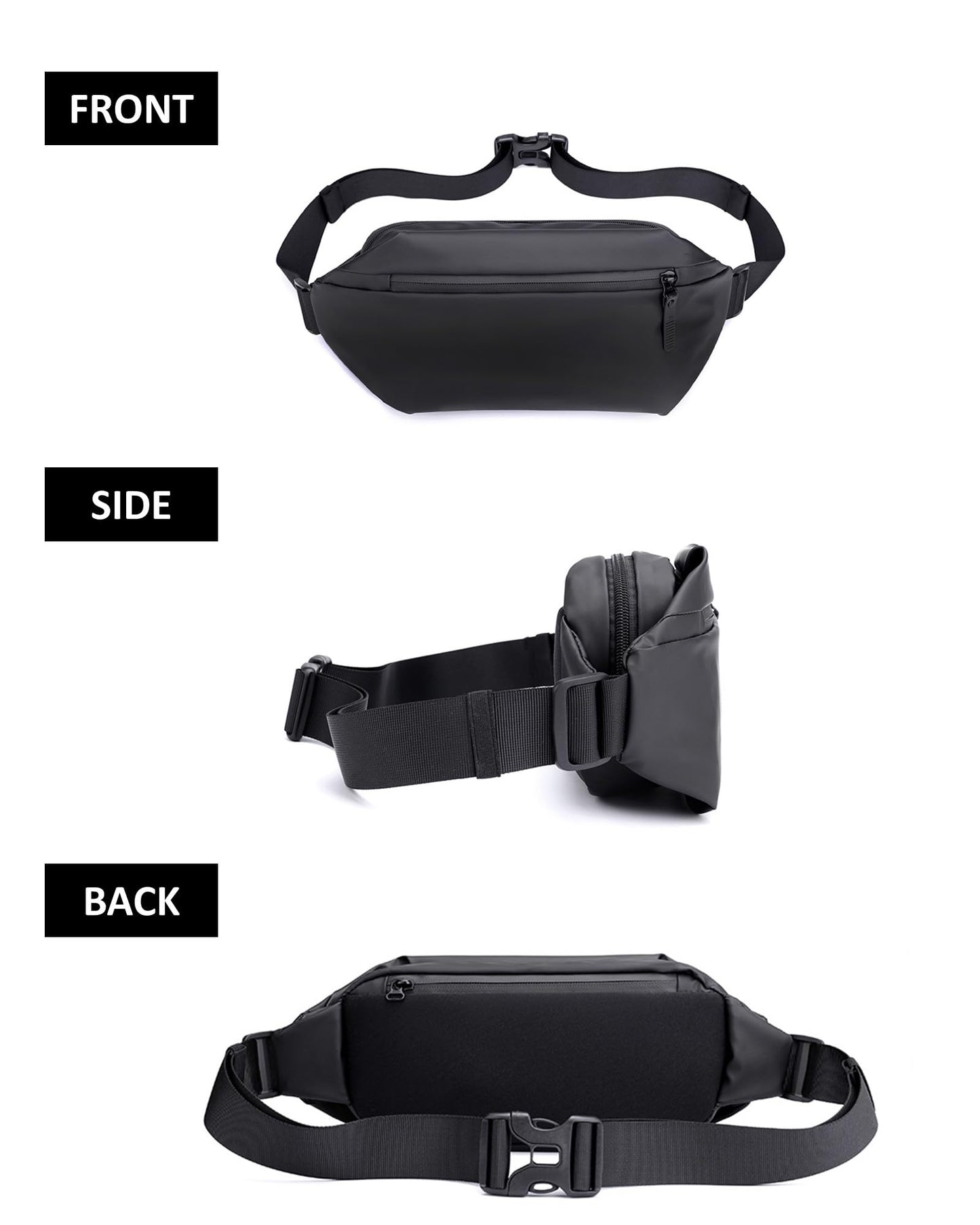 Fanny Pack for Men & Women | Adjustable Waist Bag (28-63 Inch Belt) – Large Waterproof Belt Bag for Hiking, Running, Travel, Gym | Phone Pouch with Zipper Pocket (Black)