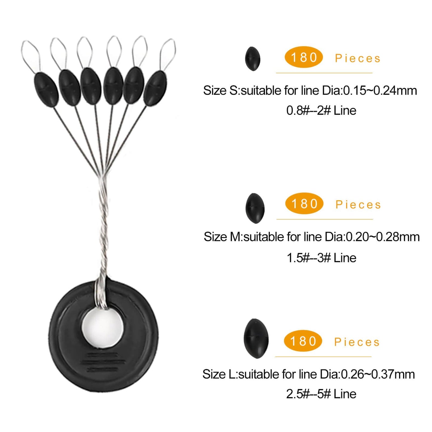 Lavie&Camus 1080PCS Fishing Bobber Stoppers, Oval and Column Floats Sinker Stops, Black Rubber 6 in 1 Bobber Stops, L M S Size Float Stop
