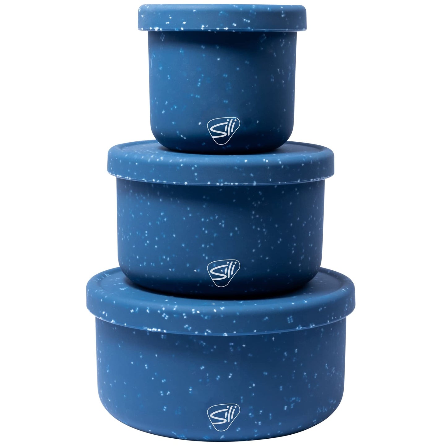 Silipint: Silicone Lidded Bowls: Set of 3: Speckled Blue - 10, 20 & 30oz - Flexible Unbreakable, Storage, Sustainable, Non-Slip