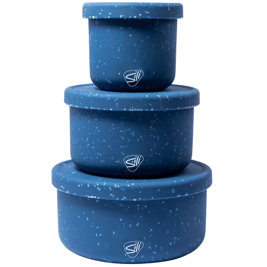 Silipint: Silicone Lidded Bowls: Set of 3: Speckled Blue - 10, 20 & 30oz - Flexible Unbreakable, Storage, Sustainable, Non-Slip