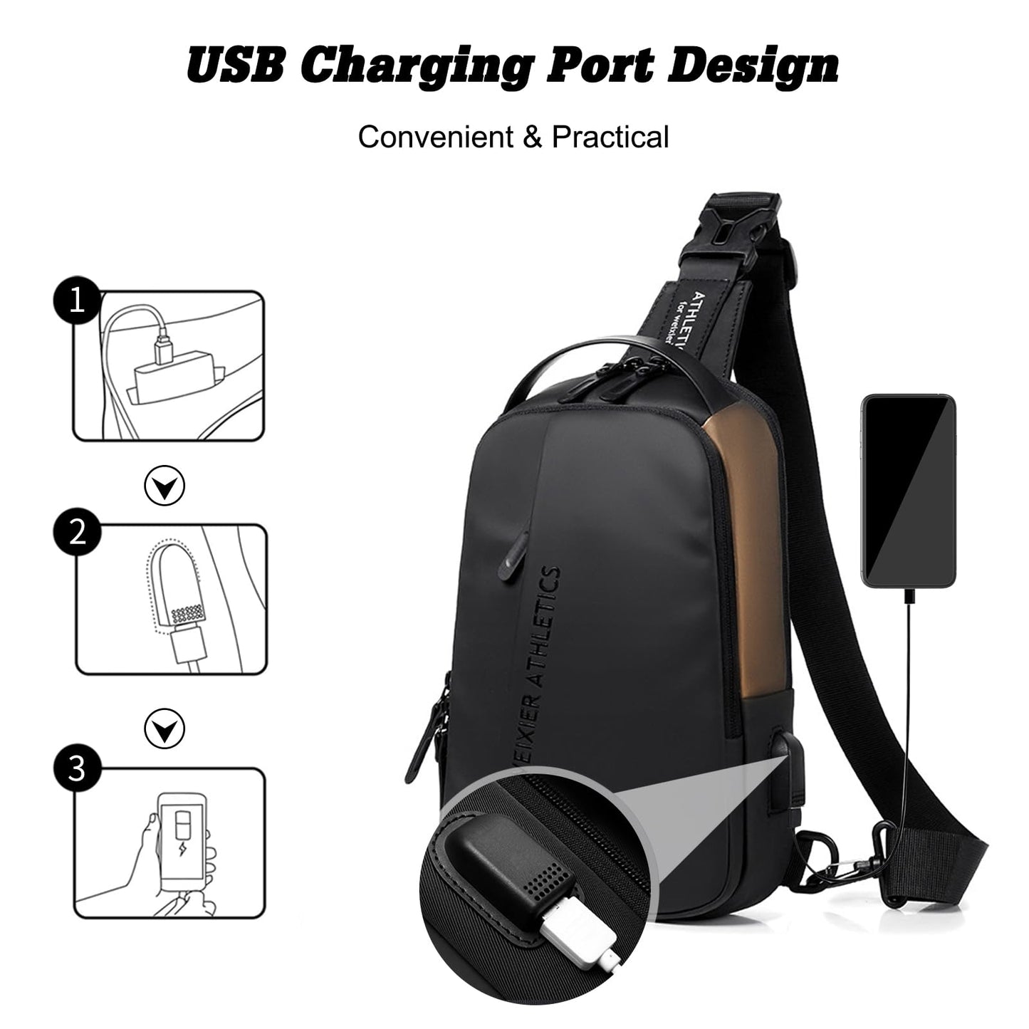 FANDARE Sling Bag Sport Shoulder Bag with USB Charging Port for Women Men Nylon Chest Crossbody pack for Hiking Cycling Travel Outdoor Gym Business Black Brown