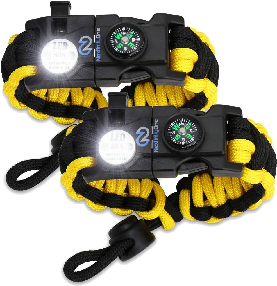 Survival Paracord Bracelet - Tactical Emergency Gear Kit with SOS LED Light, 550 Grade, Adjustable, Multitools, Fire Starter, Compass, and Whistle - Set of 2