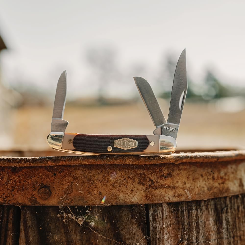 Old Timer 108OT Junior 4.7in Traditional Folding Pocket Knife with 3 High Carbon Stainless Steel Blades, Ergonomic Sawcut Handle, and Convenient Size for EDC, Hunting, Camping, and Outdoors