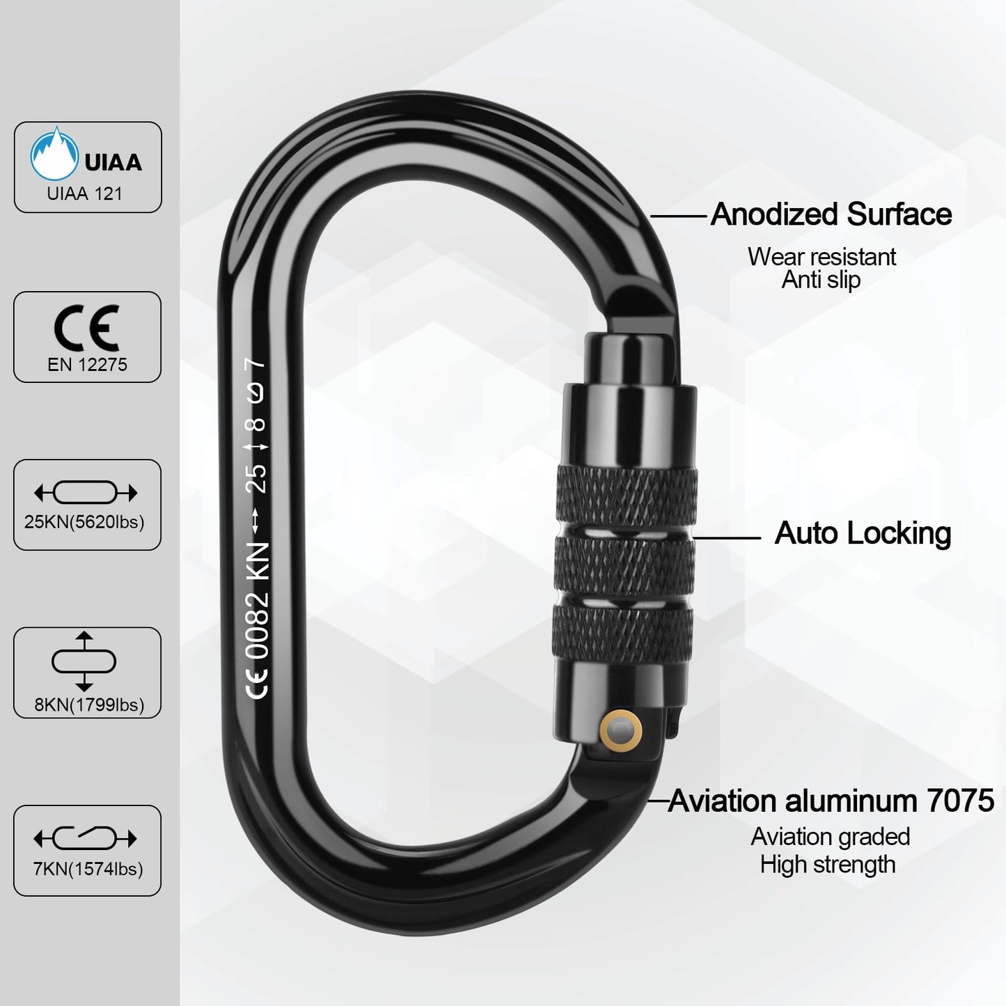 FVW CE Certified Auto Locking Climbing Carabiners, Professional 25KN (5620 lbs) Heavy Duty Caribeaners for Rappelling Swing Rescue & Gym etc, Large D-Shaped Carabiners, 5 Pack