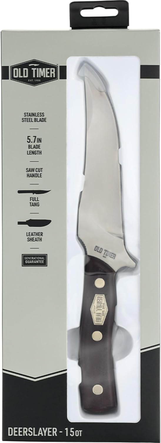 Old Timer 15OT Deerslayer 10.5in High Carbon S.S. Full Tang Fixed Blade Knife with 5.6in Clip Point Blade, Black Sawcut Handle, and Leather Belt Sheath for Hunting, Camping, Skinning, EDC, and Outdoor