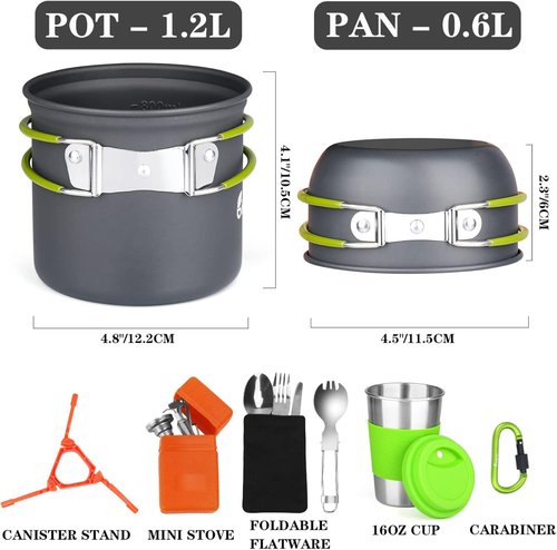 Bisgear Portable Backpacking Stove Canister Stand Tripod Stainless Steel Cup Flatware Mess Kit - Cooking Set - Camping Gear