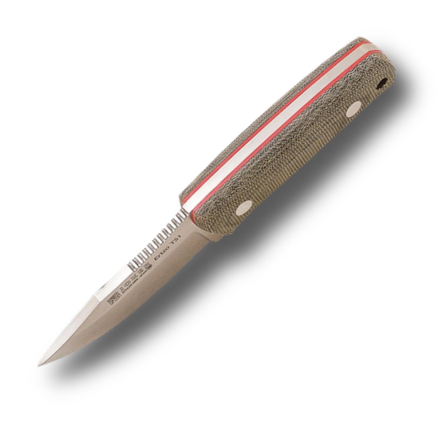 Joker Erizo TS1 CV81 Knife. Bushcraft Hunting Knife with Böhler N695 Steel and Green Canvas Micarta Handle. 2.95-inch Blade. Includes Black Leather Sheath.