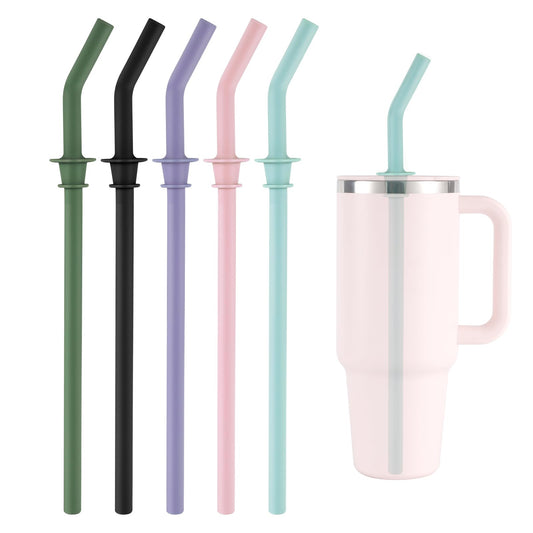 5pcs Press in Straw Replacement for Hydro Flask Travel Tumbler 40/32/28/20oz, BPA Free Reusable Silicone Straws for Hydroflask Water Bottle Lid Accessory Parts (Five Colors)