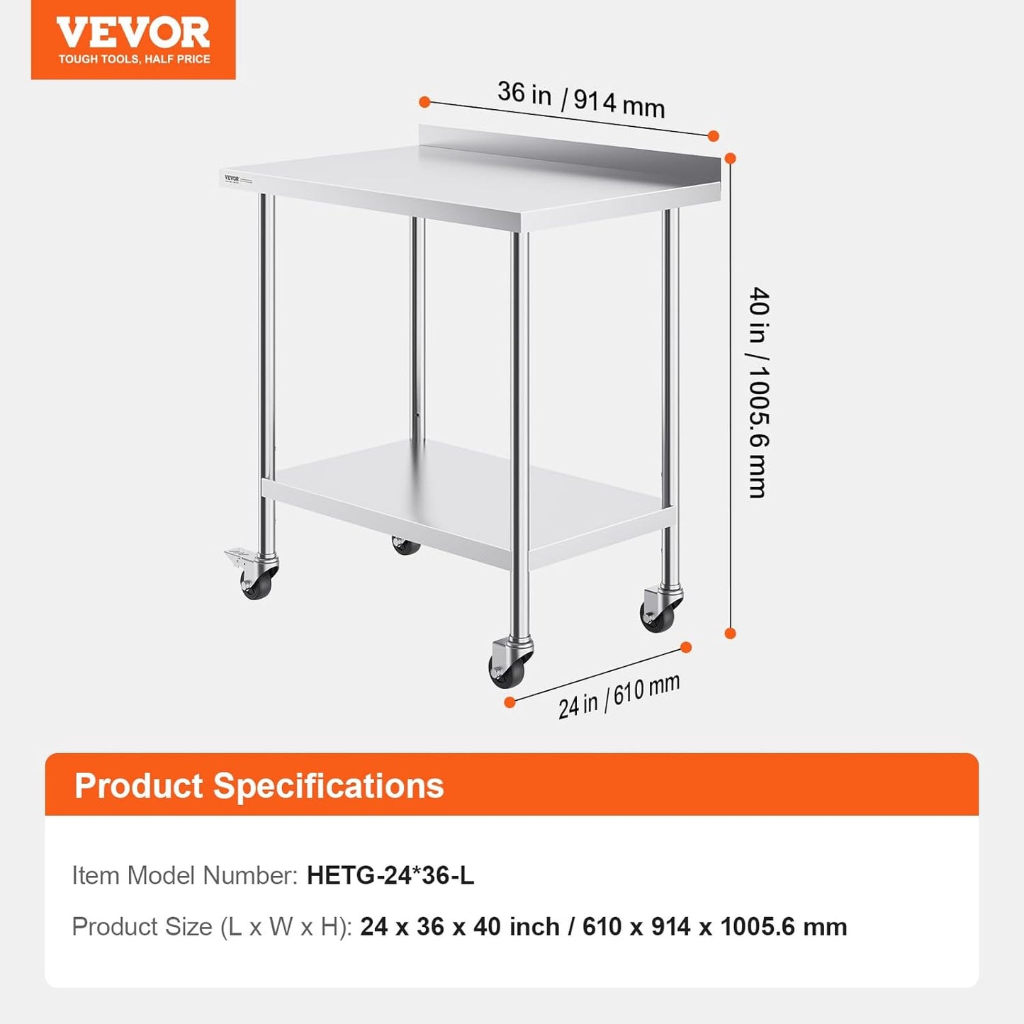VEVOR 24 x 36 x 40 Inch Stainless Steel Work Table, Commercial Food Prep Worktable with Casters, Heavy Duty Prep Worktable, Metal Work Table with Adjustable Height for Restaurant, Home and Hotel