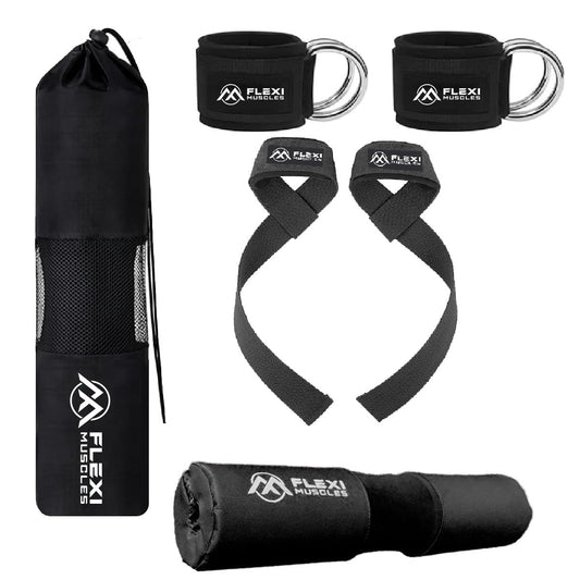 Flexi Muscles Barbell Pad, Ankle Straps, and Lifting Straps Set - Ultimate Comfort & Support for Weightlifting, Squats, Hip Thrusts, and Strength Training. (Black)