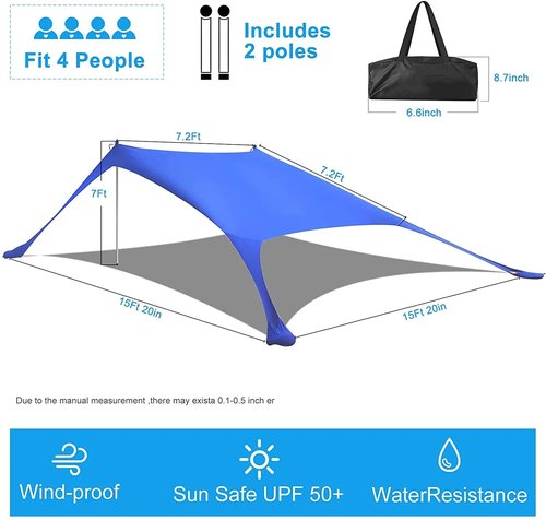 YUEWO Beach Canopy Sun Shade with UPF 50+ UV Protection, Beach Tent Sun Shelter with Sandbags, Poles and Ground Pegs, Anti-Wind Ropes, Outdoor Pop Up Tent for Camping, Backyard and Picnics