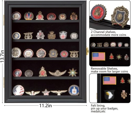 Verani Medals Display Case 2 Pack - Military Challenge Coin Display Shadow Box - Pin Display Cabinet with Removable Shelves and Pinnable Background for Badges Ribbons Insignia Buttons Small Black