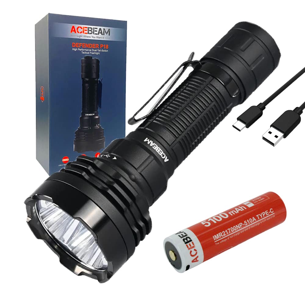 ACEBEAM Defender P18 Dual Switch Rechargeable Flashlight -5000 Lumens w/ Eco-Sensa USB C Charging Cable