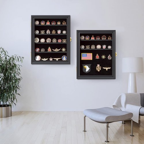 Verani Medals Display Case 2 Pack - Military Challenge Coin Display Shadow Box - Pin Display Cabinet with Removable Shelves and Pinnable Background for Badges Ribbons Insignia Buttons Small Black