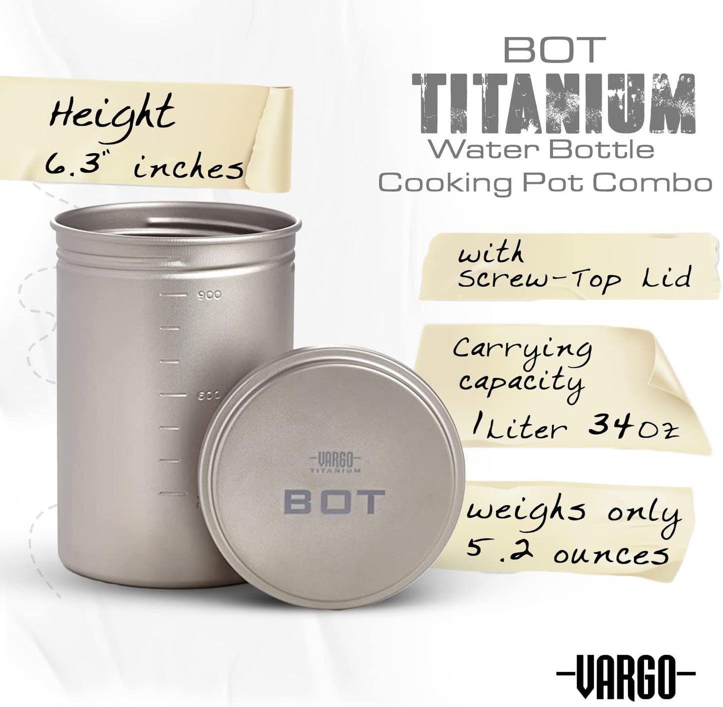 Vargo Titanium BOT Series | Vargo BOT - 700 | Titanium Cooking Pot and Water Bottle with Foldable Handles and Watertight Lid | 700ml (23 oz.)
