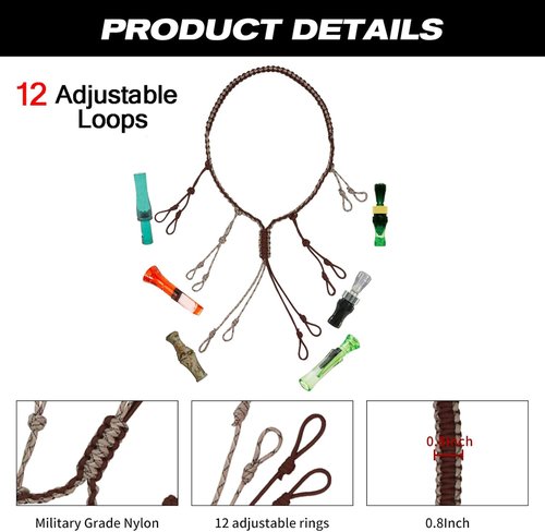 Duck Call Lanyard Hunting Goose Calls Paracord Braided Necklace 12 Adjustable Loops Outdoor Predator Gear Nylon Game Call for Pheasant Waterfowl