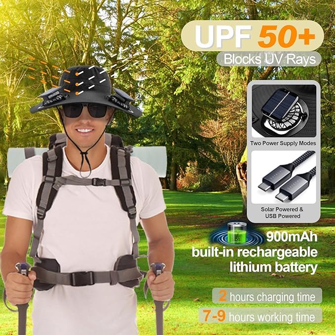 Fishing Hats for Men, Wide Brim Sun Hat with 2 Solar Fan, USB & Solar Powered Fishing Hats, Outdoor Solar Fan Hats & Beach Hat UPF 50+ (Black)