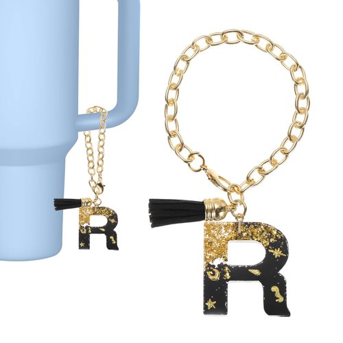 PATIKIL Letter Charm Accessories for Stanley Tumbler Cup, Letter R Keychain Handle Charm Cute Initial Letter with Tassel for Women Tumbler Cup Handle, Black