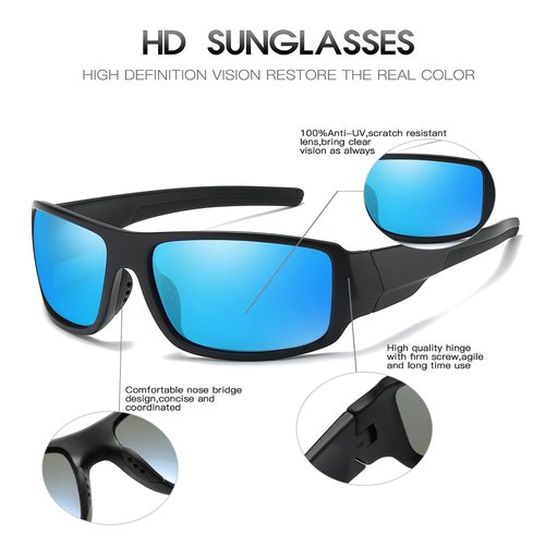 DUBERY Polarized Sports Sunglasses for Men Women Baseball Cycling Golf Fishing 100% UV Protection Shades D8040,Black/Blue