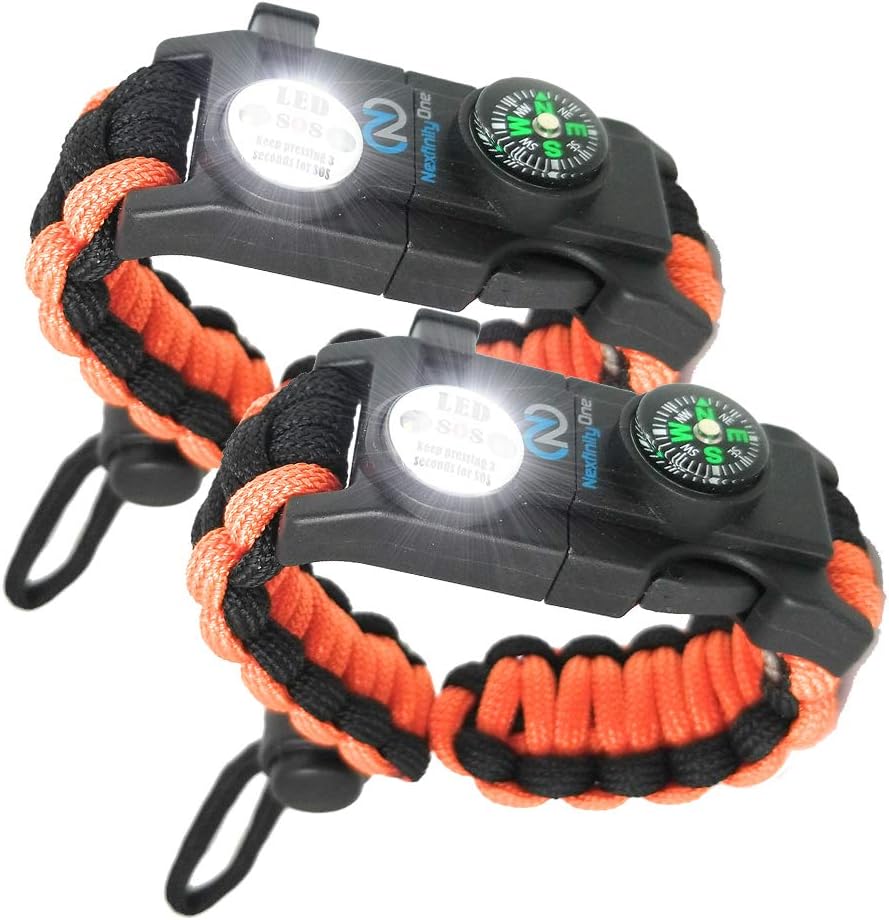 Survival Paracord Bracelet - Tactical Emergency Gear Kit with SOS LED Light, 550 Grade, Adjustable, Multitools, Fire Starter, Compass, and Whistle - Set of 2