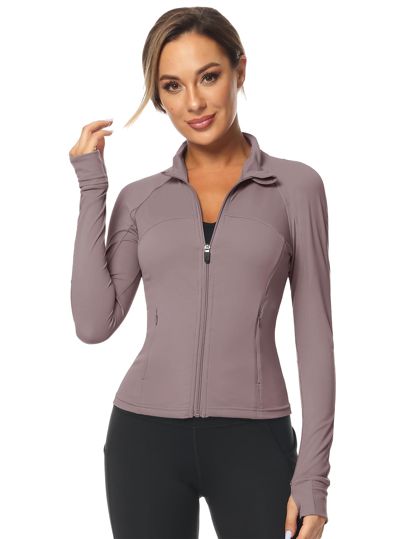 Athletic Running Track Jacket for Women Lightweight Long Sleeves Full Zip jacket with Thumb Holes Cropped Tops Gray Purple XS