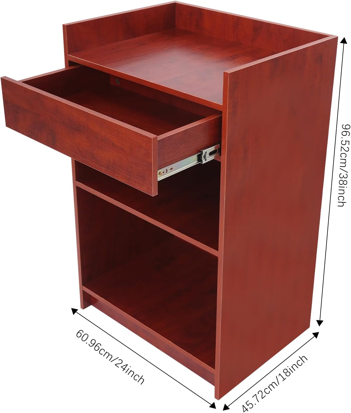 Podium Stand with Drawer and Shelf, Checkout Counter Cash Register Restaurant Hostess Wood Lectern, Church Pulpit with Storage, 24" W X 38" H X 18" D (Brown)