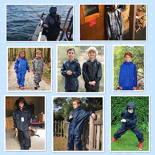 Kids Rain Jacket and Pants Set - Boys Girls Youth Rain Gear, 10-12 Years, Black