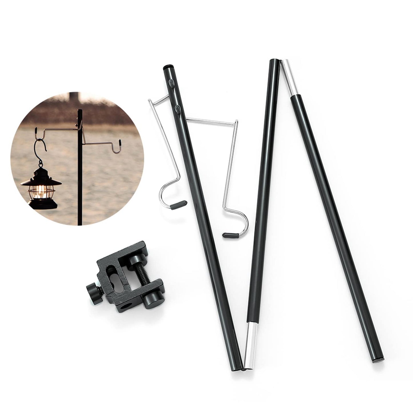 Joyeee Collapsible Camping Lantern Stand for Table, Outdoor Camping Activities, 35.4 inch Aluminum Alloy Folding Lamp Stand Pole Hanger with Black Storage Bag, Table Clamp, Black