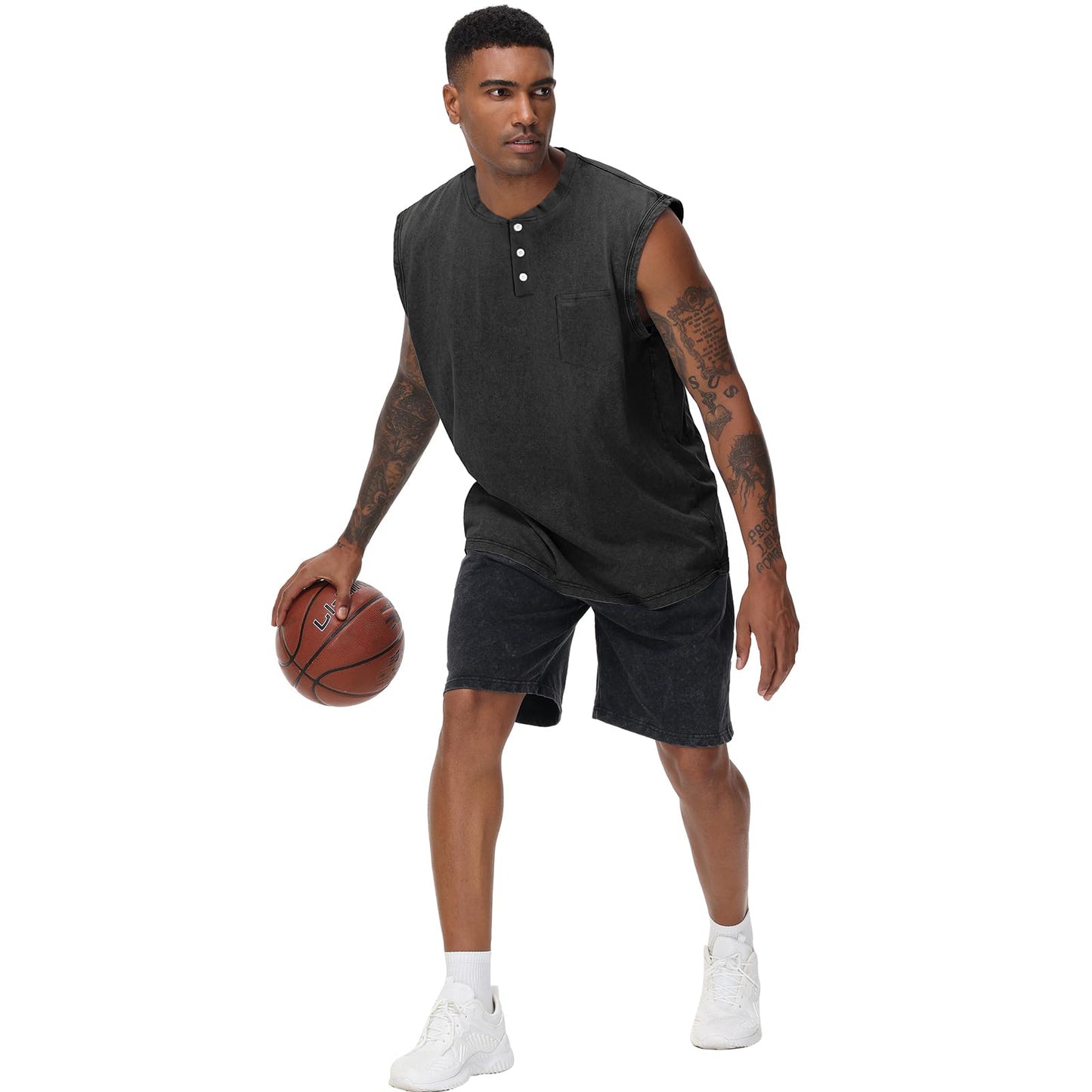 KEEPSHOWING Mens Workout Tank Tops Vintage Sleeveless Henley Shirts Muscle Gym Running Shirts Acid Wash Tops with Pocket(BK,XL) Black