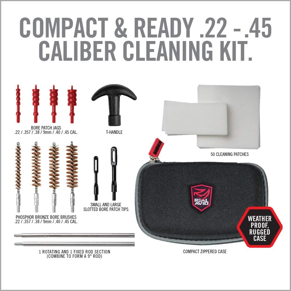 Real Avid 13-Piece Handgun Cleaning Kit - All-in-One Pistol Cleaner with Rod, Brushes & Patches