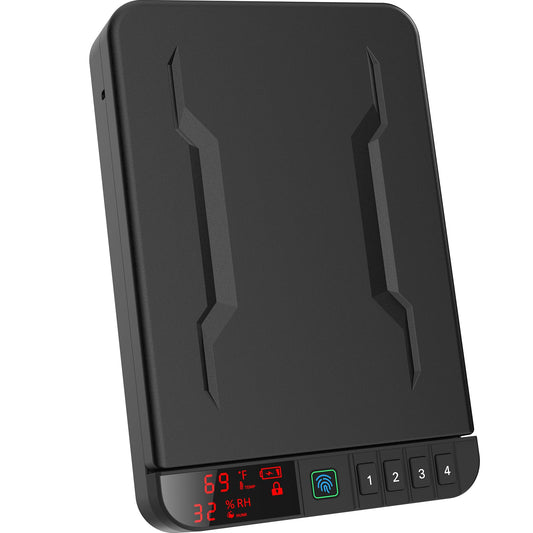 Z ZLJUAN Portable Gun Pistol Safe with LCD Display of Temp,Humidity,Biometric Fingerprint,Keypad Lock,Key,Biometric Handgun Safe for Travel/Home/Car/Nightstand Beside (Black)