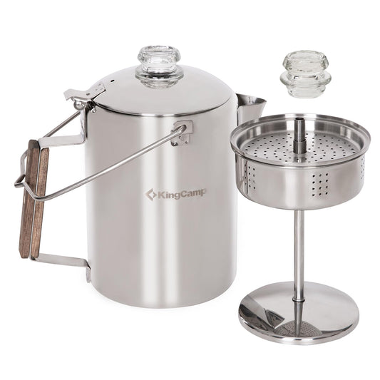 KingCamp Percolator Coffee Pot Campfire Coffee Boiler Kettle 304 Stainless Steel with Wood Handle for Outdoor Camping Cookware, Cabin, RV, Kitchen, Hunting & Backpacking, NO Aluminum or Plastic 9 Cup