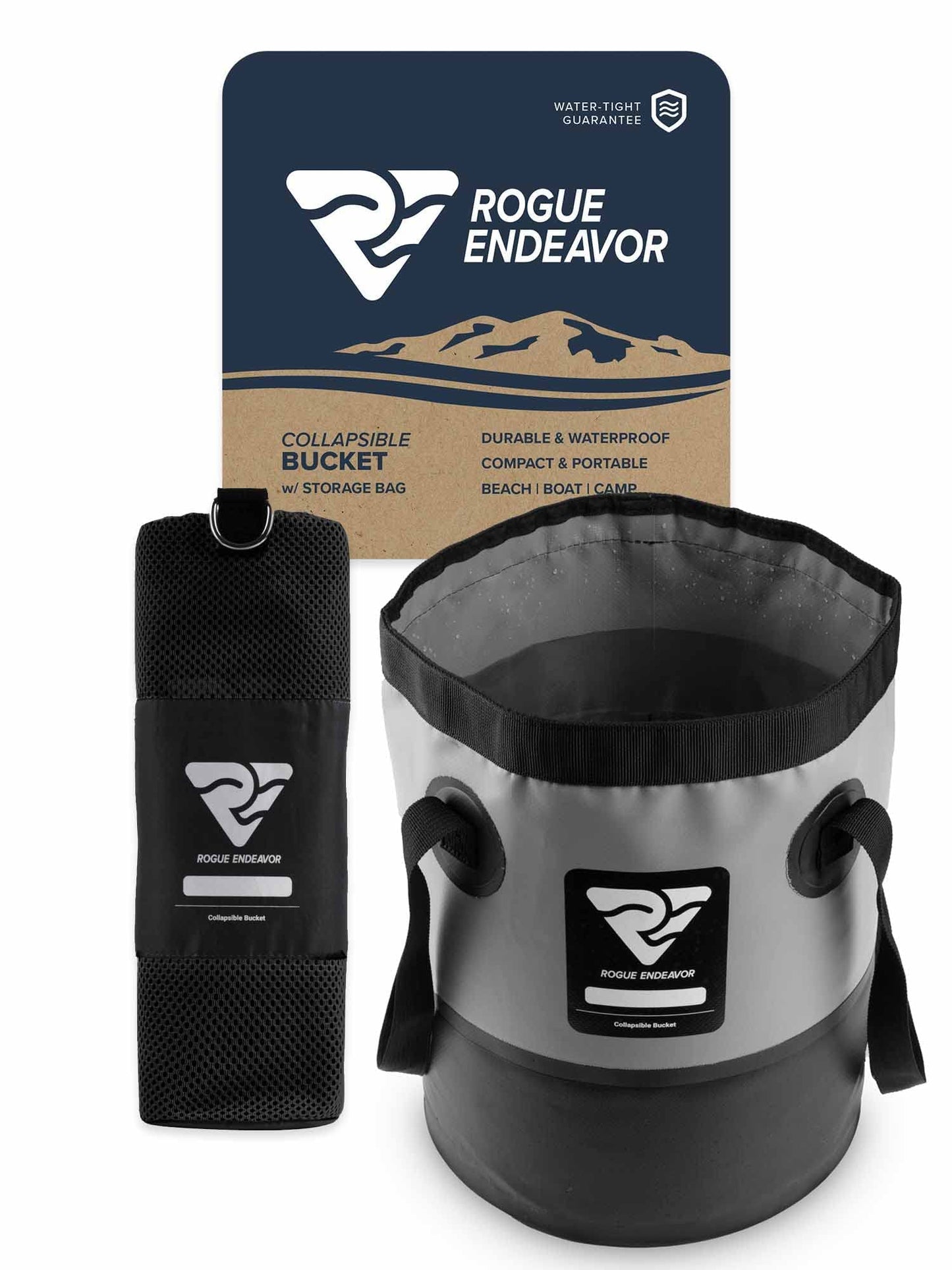 Rogue Endeavor Heavy Duty Collapsible Bucket 3 Gallon (15L), Mesh Bag, Beach and Salt Water Ready, Durable reinforced design with Metal Hardware (Black 3 Gallon (15L))