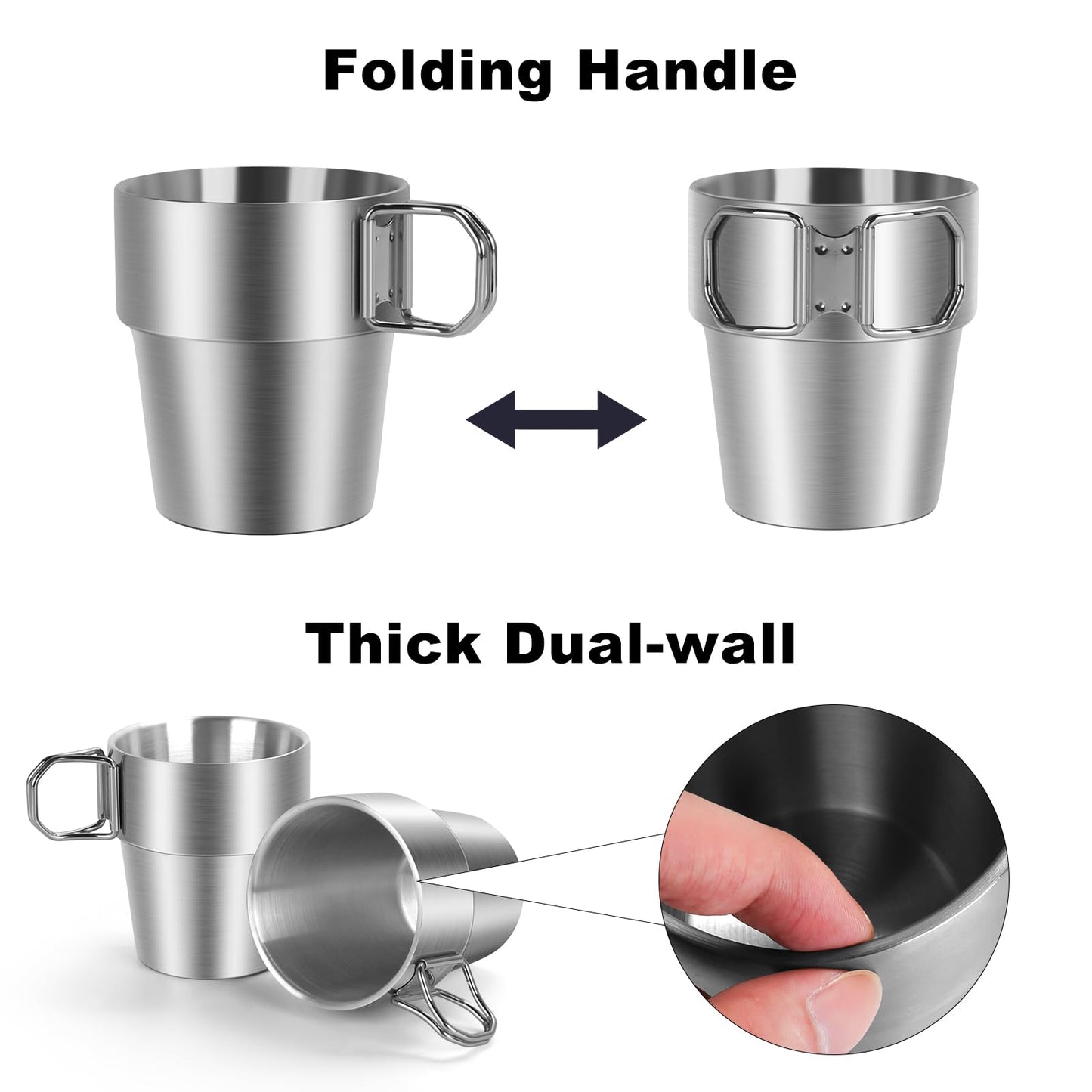 4-Pack Stainless Steel Camping Cups with Foldable Handle, 10 oz Camping Coffee Mugs with Double Wall Design, Ideal for Outdoor Activities, Travel, and Home Use