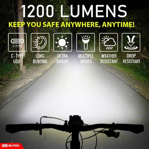 Bike Lights USB-C Rechargeable Bicycle Light Set Gator 1200 Lumens Super Bright, 7+4 Modes Headlight & Taillight, Waterproof Front & Back Rear Light for Night Riding Cycling Safety Long Battery Life.