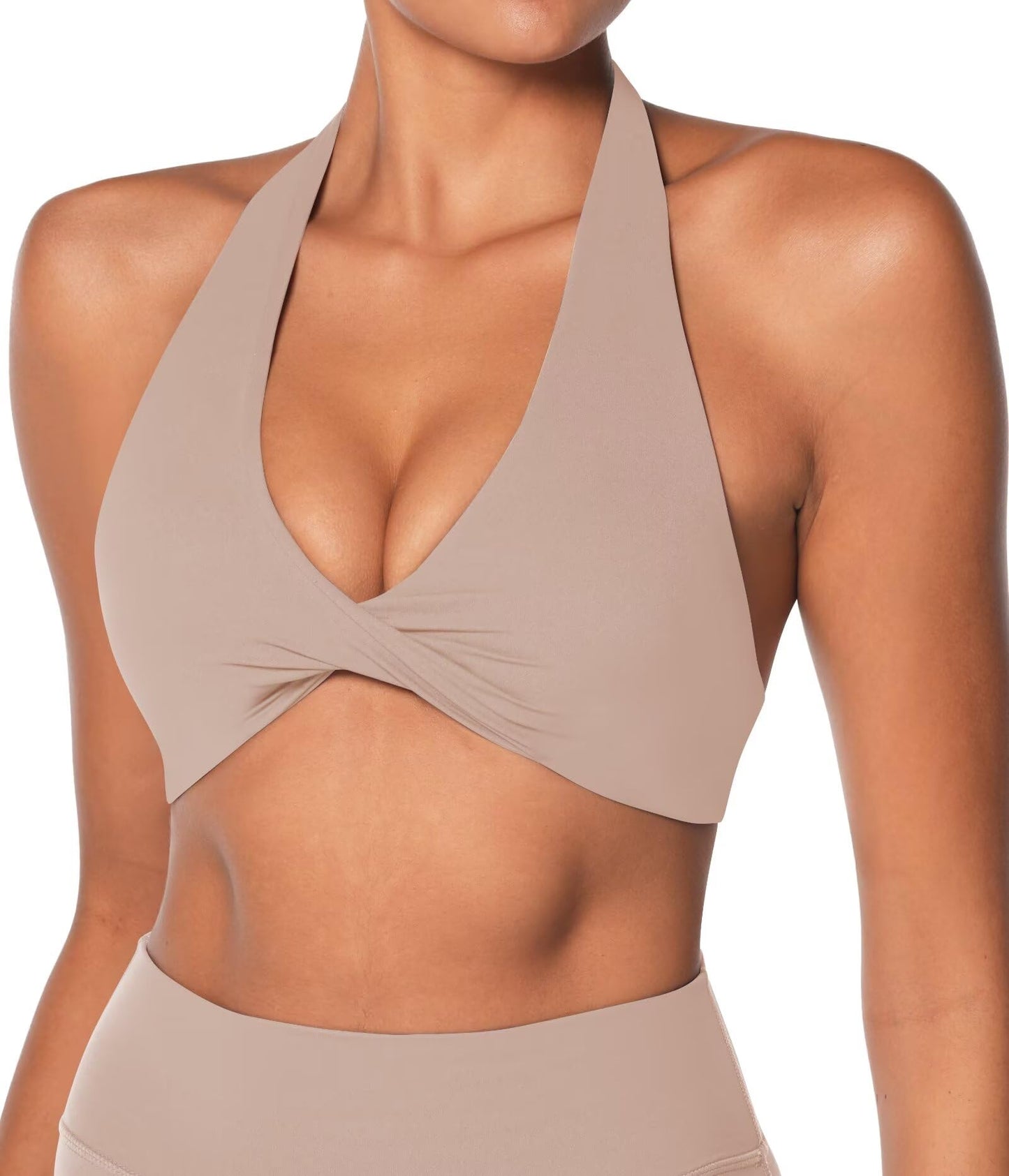Sunzel Women's Halter Neck Sports Bra, Twist Front Yoga Crop Top with Removable Pads, Double Lined for Gym Workout or Lounge Beige Large