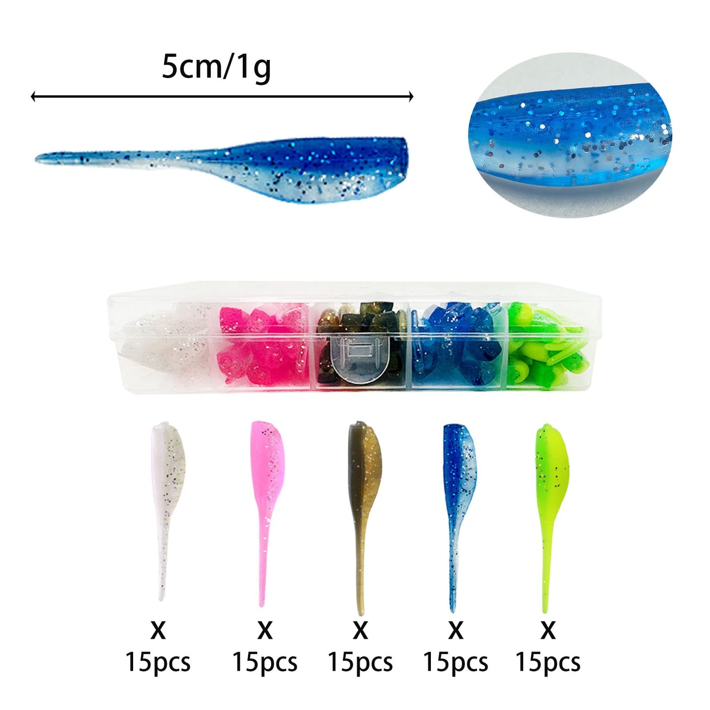 75Pcs A Soft Plastic Colorful Crappie & Panfish Shad Baits Lures Kit