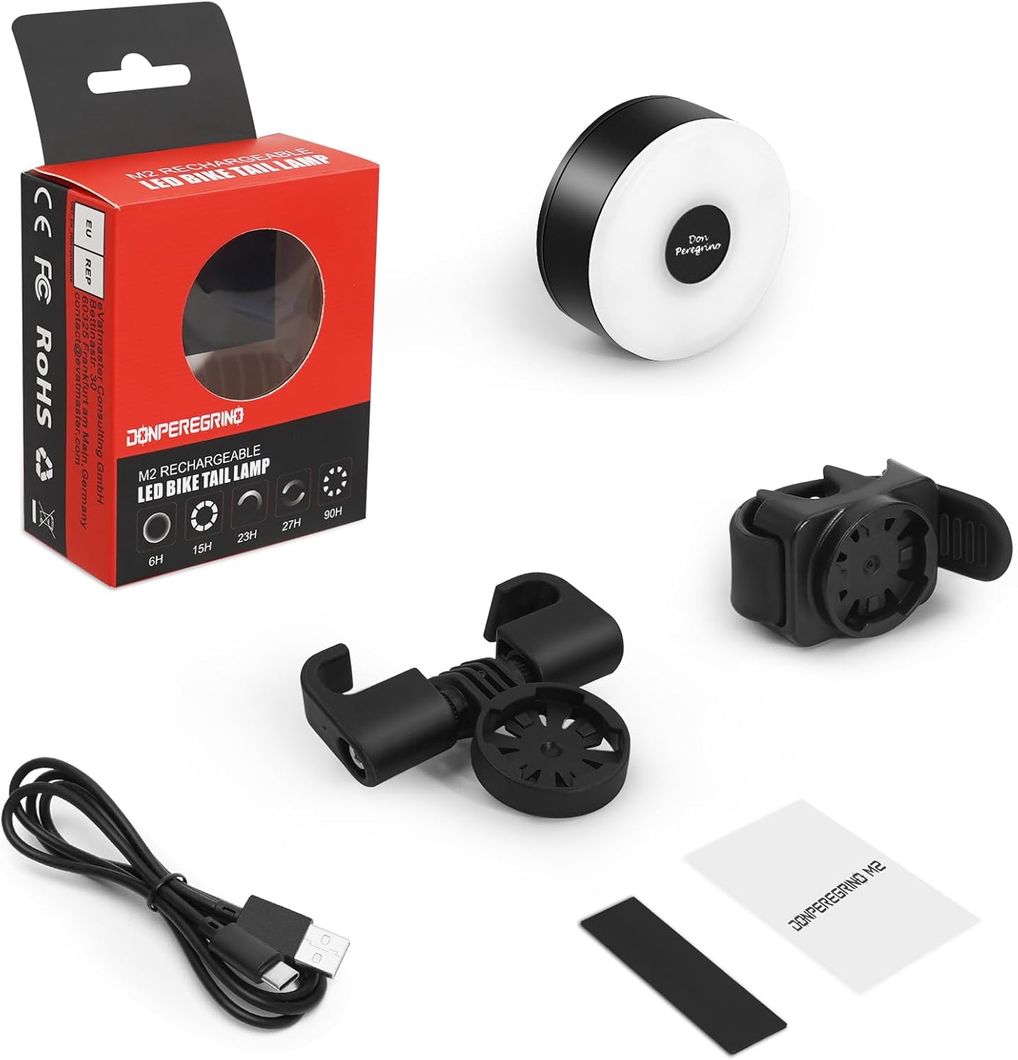 Rear Bike Light 90hrs Autonomy - Bike Lights Compact Size, IP65 Waterproof, USB C Rechargeable, Quick Release Mounts for Saddle & Seatpost, with 5 Steady Flash Modes, DON PEREGRINO M2 Bicycle Lights