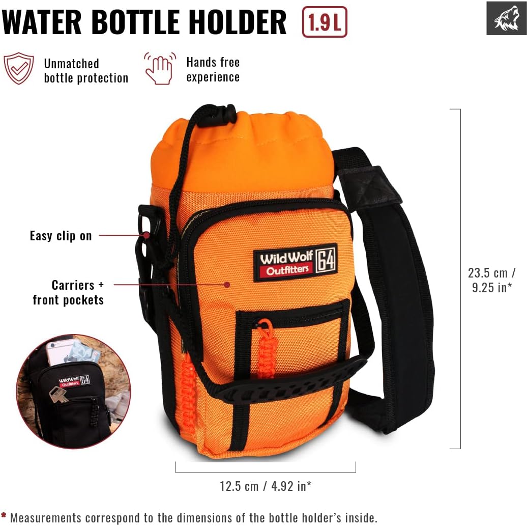 Wild Wolf Outfitters - #1 Best Water Bottle Holder for 64 oz Bottles - Carry, Protect and Insulate Your Flask with This Military Grade Carrier w/ 2 Pockets and an Adjustable Padded Shoulder Strap.