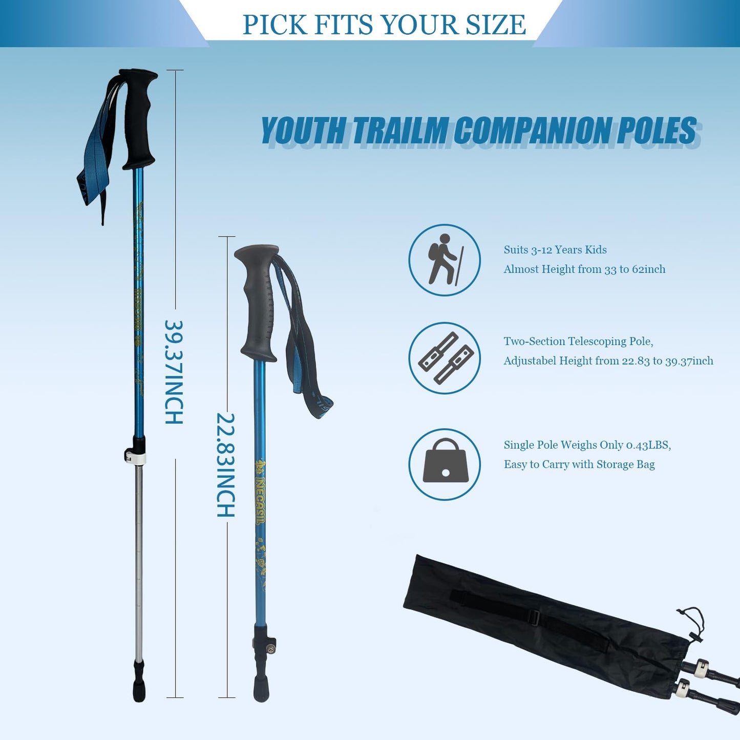 ALYEEPLOR 2PCS Adjustable Aluminum Kids Hiking Poles, Lightweight Collapsible Trekking Poles for Hiking, Ski, Outdoor Activities, Hiking Stick Gear (Blue, Aluminum)