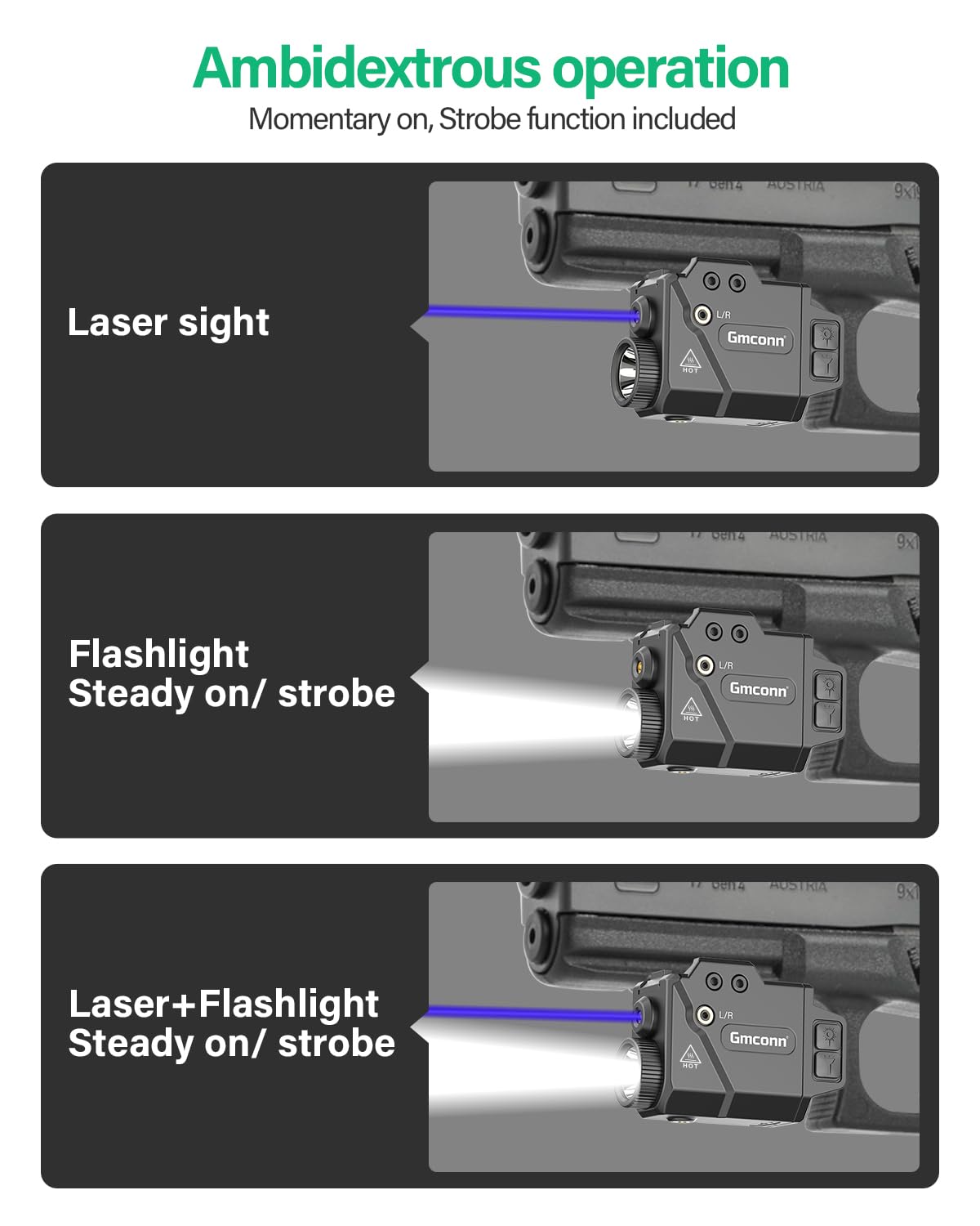 Gmconn 800 Lumens Pistol Light and Green Red Blue Laser Combo, Tactical Flashlight with Beam for Pistol with Rail (Blue Laser)