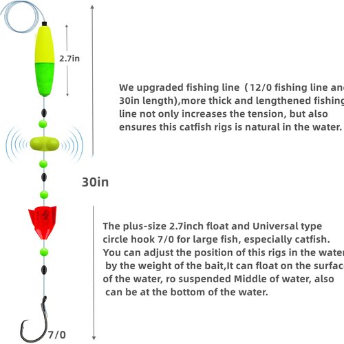 DAMIDEL 6Pcs Catfish Fishing Rigs Ready Kit，2 in 1 Rotating rattles/Double Rattles Beads, Float Rigs Tackle Santee Rig Peg Catfish，Free Adjustment in freshwter and Saltwater