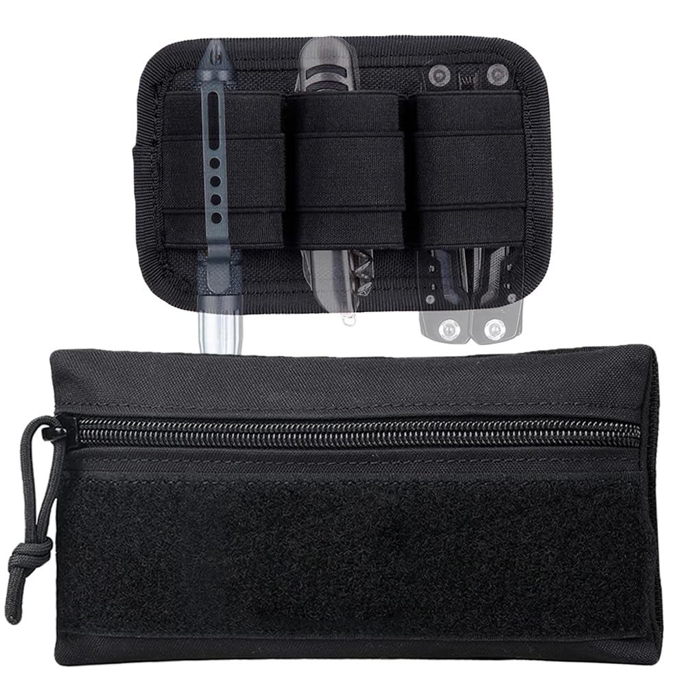 2pcs Tactical Tool Zipper Pouch EDC Elastic Organizer Holder, Expansion Pouch Utility Bag Insert Attachment with Hook Plate Backed, Storage Pocket Set for Tactical Vest Chest Rig Backpack (Black)