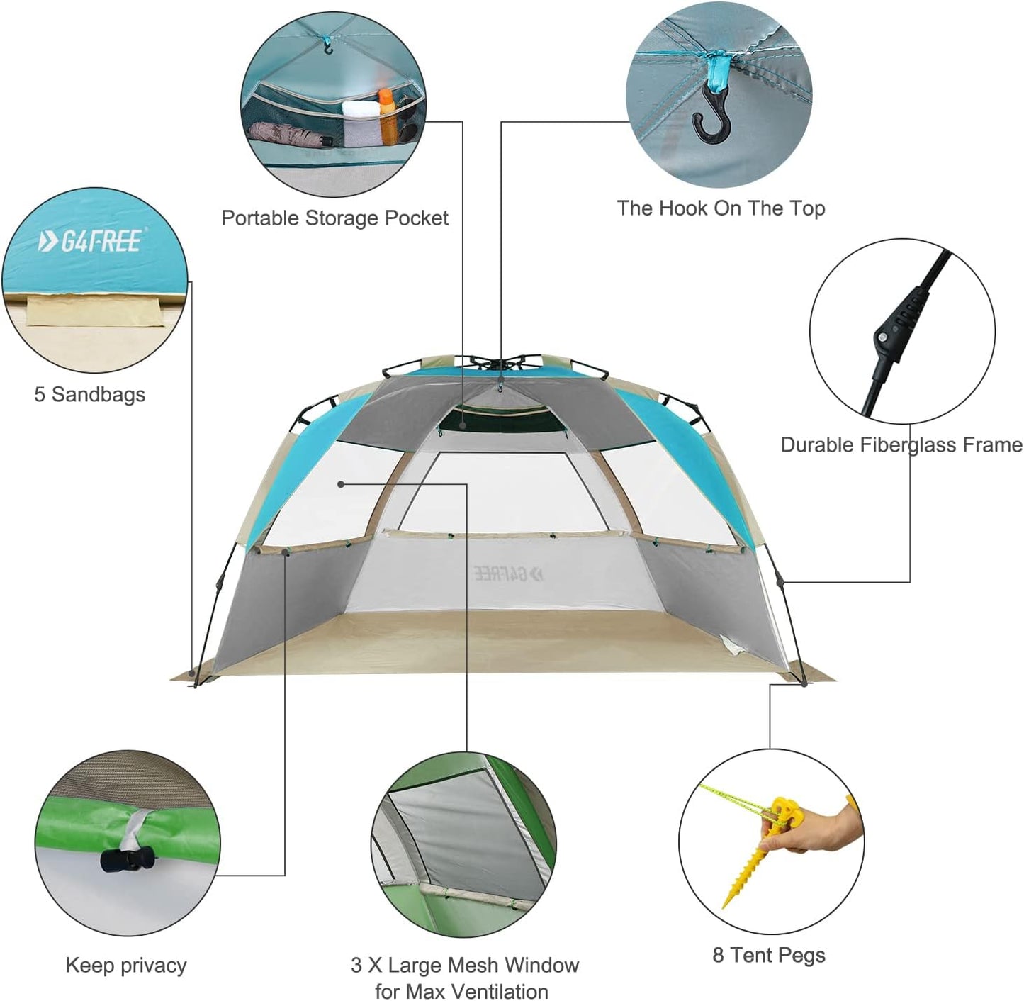 G4Free Easy Set up Beach Tent Deluxe XL, Pop up Sun Shelter for 3-4 Persons with UPF 50+ Protection Beach Shade with Extended Floor