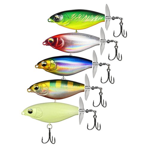 RTGSE 5Pcs Whopper Fishing Lure for Bass Popper Topwater Fishing Lures with Two Propeller Blade Floating Rotating Tail Barb Treble Hooks in Freshwater Plopping Lures