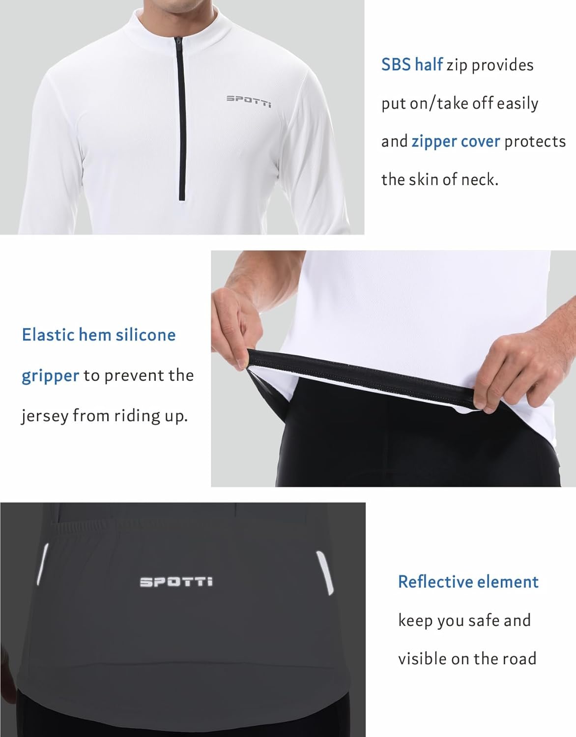 Spotti Men's Cycling Bike Jersey Long Sleeve with 3 Rear Pockets - Moisture Wicking, Breathable, Quick Dry Biking Shirt