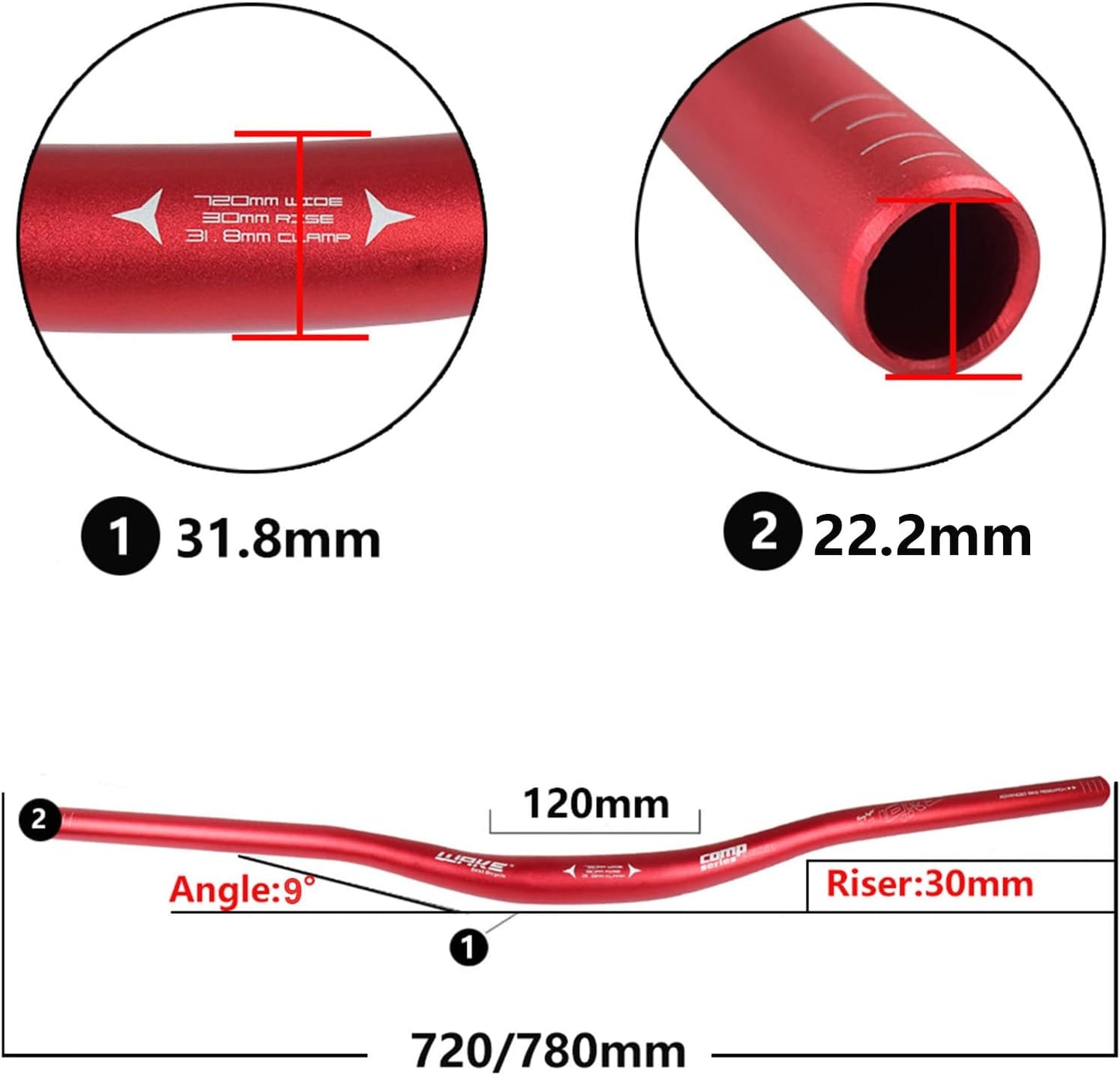Wake Bicycle Handlebars 31.8 mm Mountain Bike Handlebar 720mm/780mm Aluminium Alloy MTB Handlebar Bicycle Riser Bars Extra Long Bicycle Handlebars for Downhill Cycling Racing